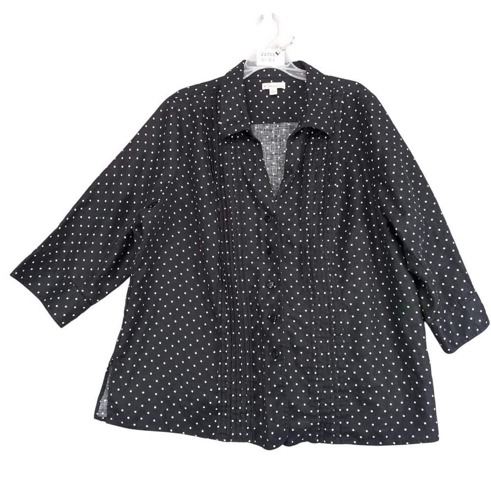 Kim Rogers Black Polka Dot 100% Linen Blouse Womens Plus Size 3X Pleated Shirt